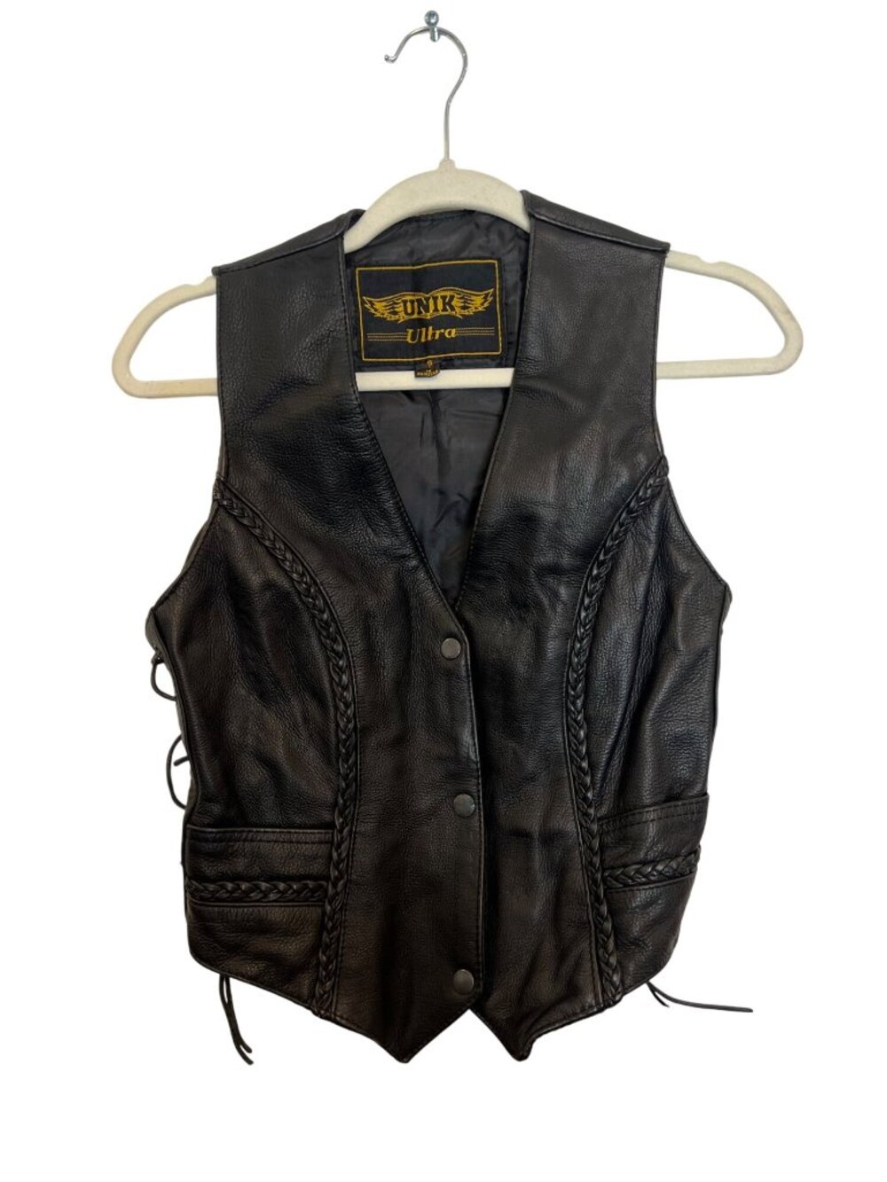 Unik Ultra Womens Black Leather Vest With Braided Detailing & Adjustable Lace Si